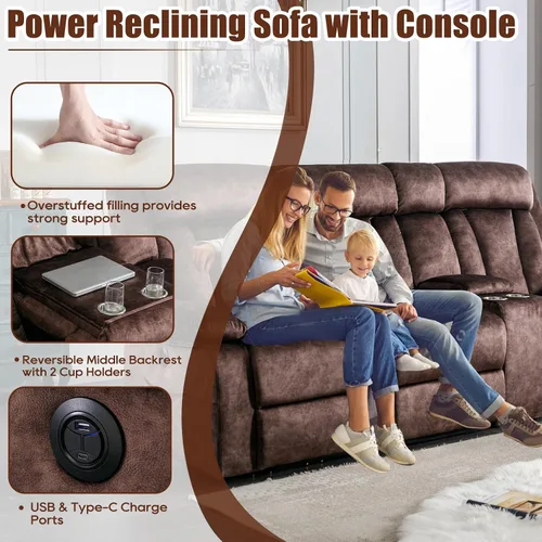 Vista 6 de GUEAPY Sofá reclinable eléctrico de 3 asientos, sofá reclinable de masaje con sofás reclinables de energía térmica con puertos USB/tipo C, Marrón