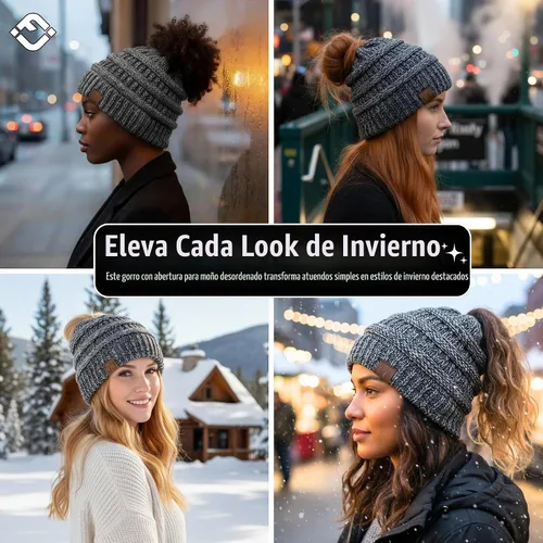 Vista 7 de Funky Junque Gorro de Cola de Caballo para Mujeres - Gorro de Invierno Ponyback Suave Elástico de Punto Trenzado Cola Alta Gorros para Correr