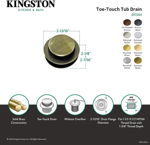 Vista 3 de Kingston Brass DTT203 Drenaje de Bañera Tip-Toe, Latón Antiguo