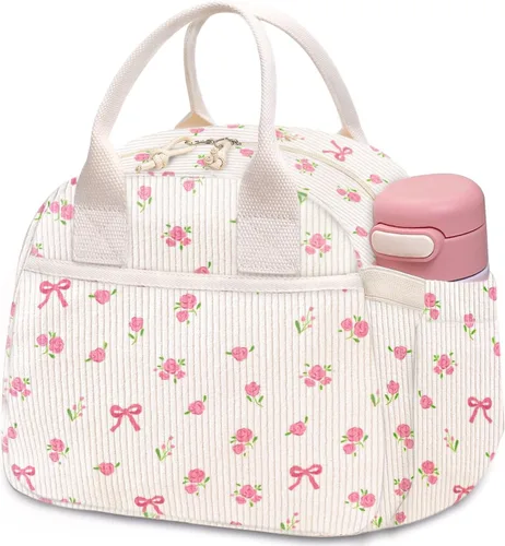 Vista 33 de Carry bloom Lonchera para mujer, lonchera aislada, bonita lonchera de pana reutilizable para el trabajo (1 rayas blancas y negras)