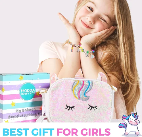 Vista 5 de Modda Kit de fabricación de pulseras con dijes de unicornio, kit de joyería con temática de unicornio con dijes, cuentas, bolsa para niñas de 8 a 12