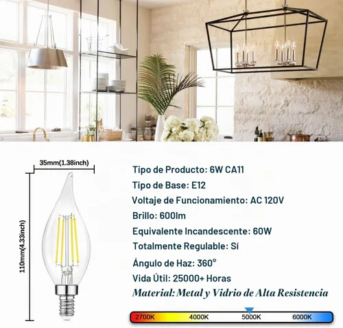 Vista 3 de TOBUSA Bombillas LED para candelabros E12, bombillas de araña de filamento 5000K Blanco luz día