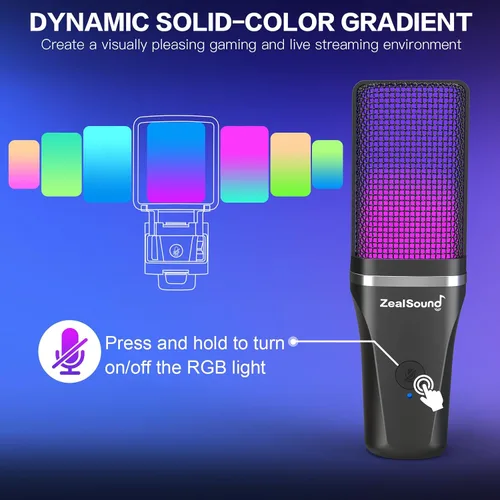 Vista 2 de ZealSound Micrófono USB para juegos para PC, micrófono de computadora de condensador RGB con soporte para trípode, silencio rápido, control