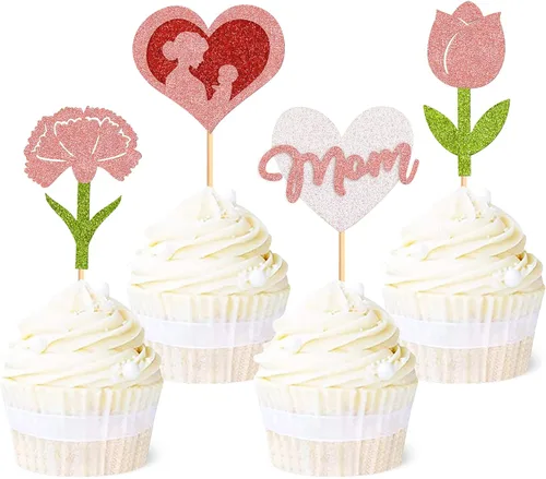 Vista 13 de Ercaido - Paquete de 48 adornos para cupcakes para el Día de la Madre con purpurina de oro rosa con purpurina para el Día de la Madre para la mejor
