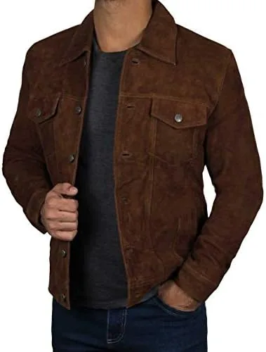 Vista 4 de Logan Brown Cowboy Style Trucker - Chaqueta de piel de ante para hombre, chaqueta de vaquero para hombre, chaqueta de ante para hombre