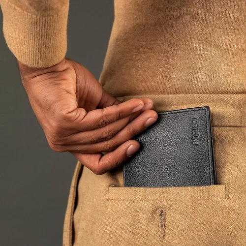 Vista 2 de Carteras RFID delgadas para hombre, billetera triple con bolsillo frontal de cuero genuino, Cartera RFID