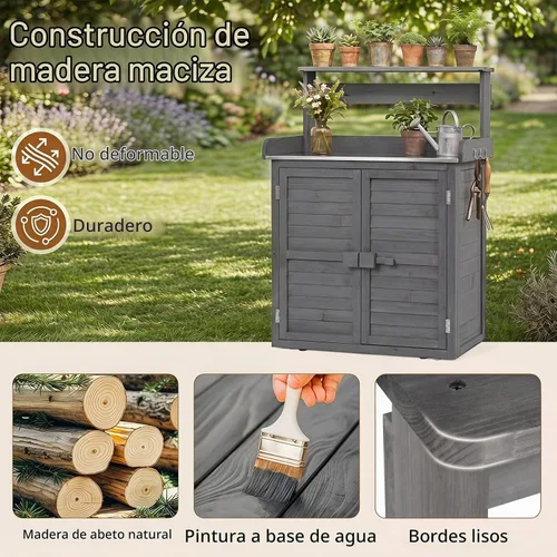 Vista 7 de Goplus Garden Potting Bench Table with Stainless Steel Tabletop