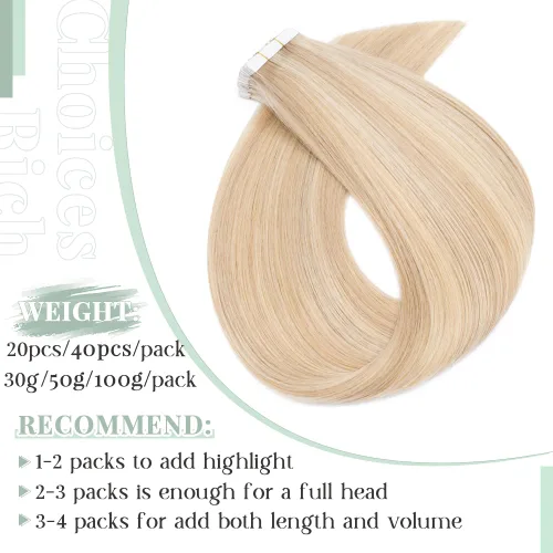 Vista 3 de Rich Choices Extensiones de cabello humano con cinta, 40 unidades, 3.53 oz, 100% Remy, extensiones de cabello humano real, extensiones de cabello