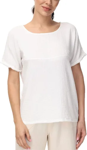 Vista 3 de Soojun - Blusa de algodón y lino para mujer, cuello redondo, diseño entramado