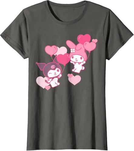 Vista 8 de Camiseta de My Melody y Kuromi con corazones del Día de San Valentín Negro