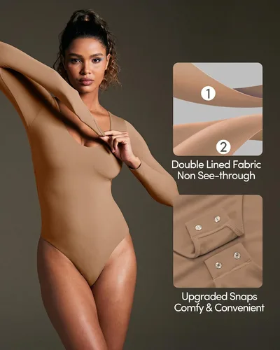 Vista 3 de IUGA Body de manga larga para mujer, con control de abdomen, cuello en V, trajes para mujer
