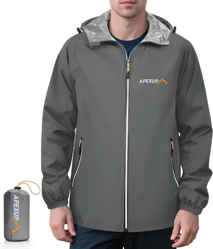 Vista 11 de APEXUP Chaqueta de lluvia empacable para hombre con cremallera reflectante, impermeable ligero, chaqueta de lluvia para hombre para deportes al aire