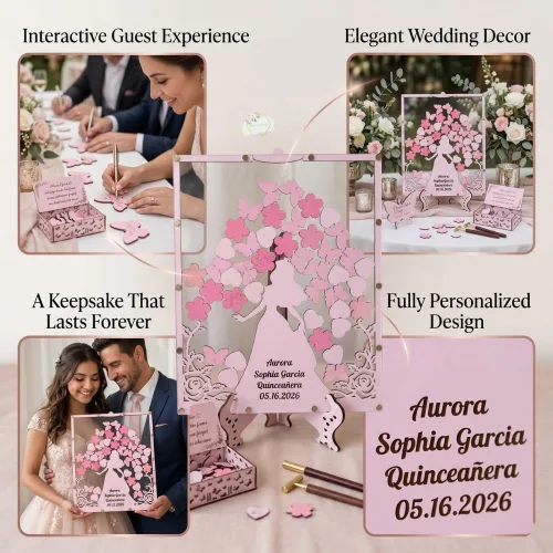 Vista 4 de Alternativa personalizada para libro de invitados de quinceañera, marco de madera rosa rubor, recuerdo de inscripción, princesa dulce 15 Mis