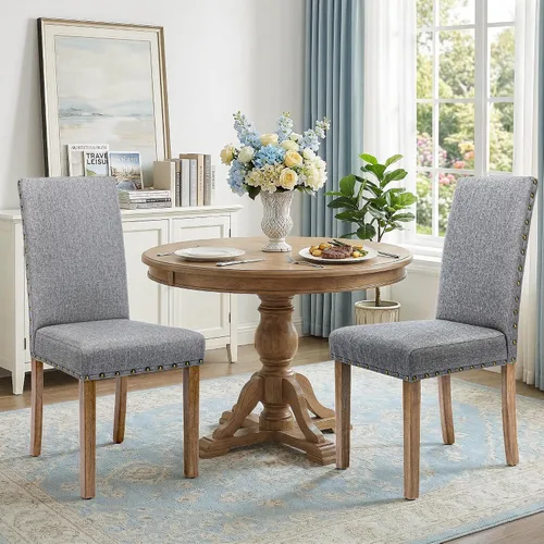 Vista 16 de Juego de sillas de comedor Parsons para cocina, tapizadas, modernas, de tela con respaldo alto y ribete de cabeza de clavo en bronce, paquete de 2