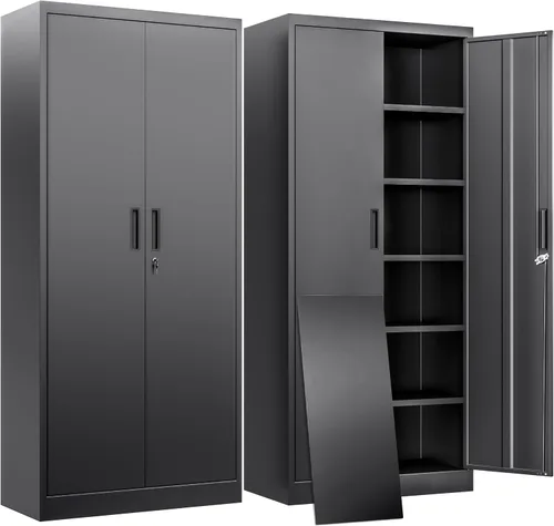 Vista 11 de BESFUR Armario de almacenamiento de metal de 36 pulgadas de alto, gabinete de metal negro con 2 puertas con cerradura y 2 estantes ajustables
