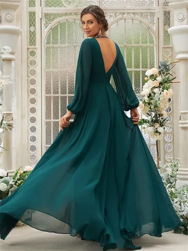Vista 2 de PINMJEE Vestidos de dama de honor de gasa con cuello en V y manga larga para mujer