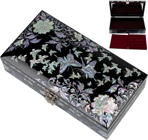 Vista 19 de February Mountain Joyero de nácar con bandeja extraíble para anillos, regalos para mujeres, cumpleaños, boda, Navidad
