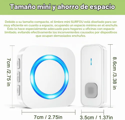 Vista 7 de Timbre inalámbrico, timbre impermeable que funciona a un alcance de 1300 pies con 55 tonos de llamada, 5 niveles de volumen y modo silencioso