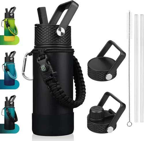 Vista 42 de BJPKPK - Botella de agua con tapa de popote, botellas de agua aisladas de 18 onzas con 3 tapas, asa de cuerda de paracaídas y base antideslizante