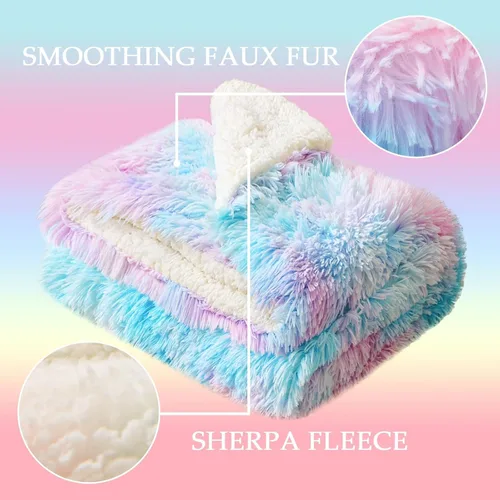 Vista 4 de Exclusivo Mezcla Manta de Cama Mullida de Piel Sintética Tamaño King, Mantas Reversibles Shaggy de Vellón Sherpa Teñido Tie Dye, Mantas Mullidas