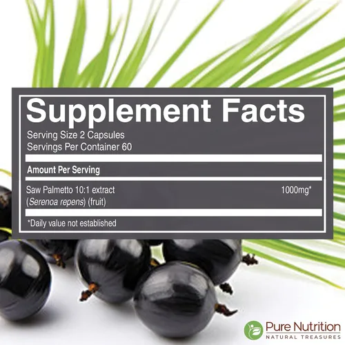 Vista 3 de Pure Nutrition Saw Palmetto Extracto 10:1, 1000 mg por porción de 2 cápsulas 120 cápsulas vegetales Soporte de próstata Suplemento de próstata