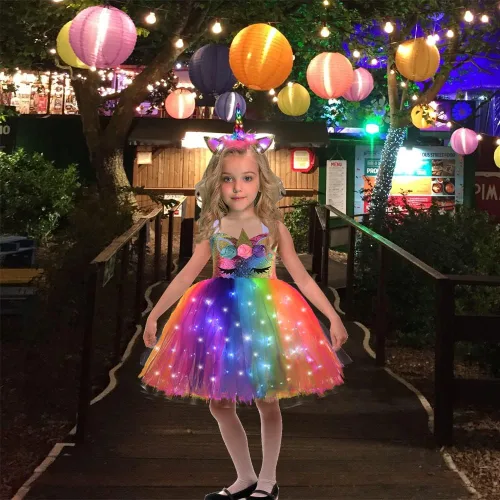 Vista 2 de Dicodoum Disfraz de unicornio para decoración de cumpleaños, vestido de fiesta para niñas con luz