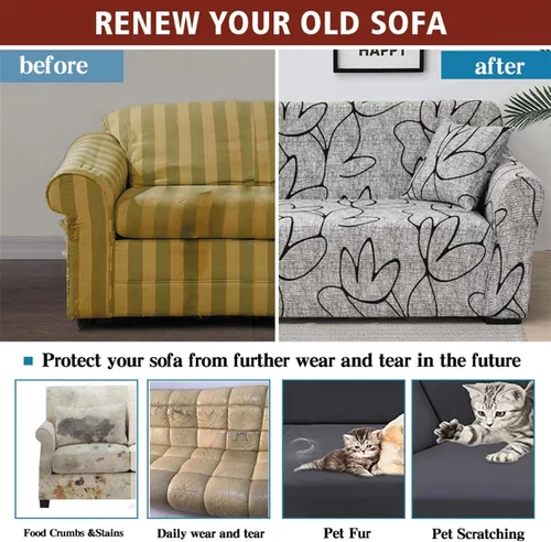 Vista 2 de MIPOPS Funda de sofá estampada elástica para sillón, fundas con patrón con falda lavable, protector de muebles de elastano para sala de estar