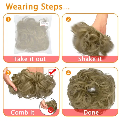 Vista 7 de Extensiones de moño de pelo desordenado, rizado, ondulado, desordenado, sintético, postizo de pelo para mujeres Mezcla de marrón negro y rubio