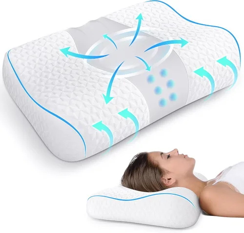 Vista 2 de Almohada de cama, almohada cervical para aliviar el dolor, almohadas de espuma viscoelástica de contorno para dormir (azul)