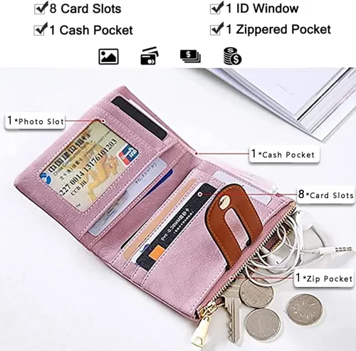 Vista 5 de Cartera pequeña de cuero para mujer, con bloqueo RFID, cartera delgada y plegable para mujer