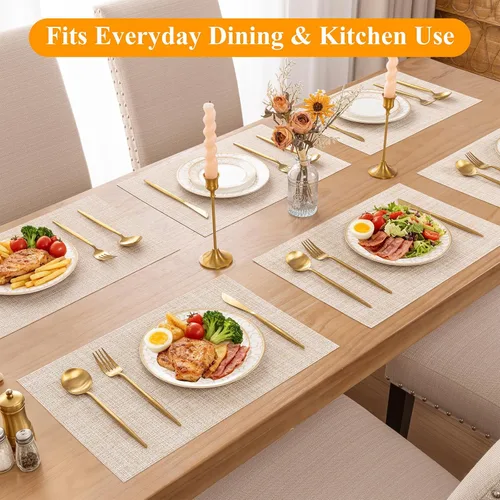 Vista 3 de SHACOS Beige Woven Placemats Set of 4 Place Mats Indoor Outdoor