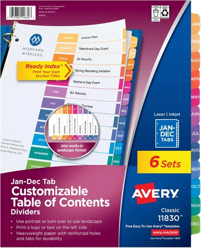 Vista 9 de Avery Divisores de enero a diciembre para carpetas de 3 anillos, 12 pestañas por juego, tabla de contenido personalizable, pestañas multicolor