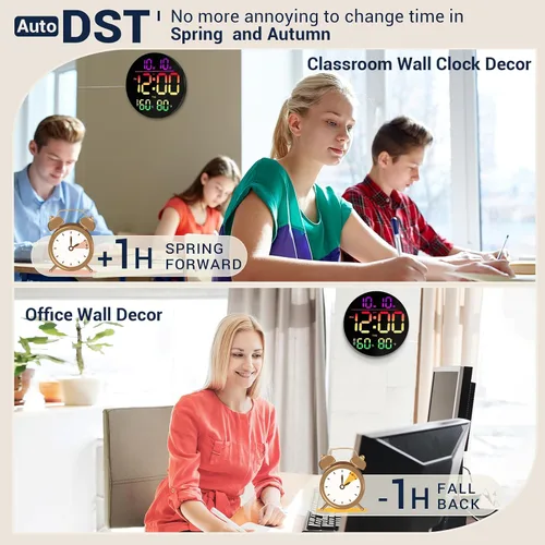 Vista 5 de Reloj de pared digital grande de 10 pulgadas: 13 RGB que cambia de color LED moderno reloj con control remoto, pantalla grande con atenuación