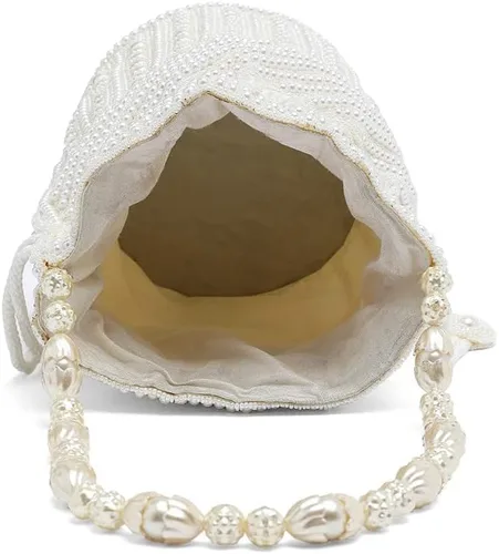 Vista 6 de Aheli Bolsas Potli blancas para mujer, bolso de noche étnico con cordón (P98W), Blanco