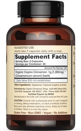 Vista 3 de Ceylon Cinnamon Shop Suplemento orgánico de canela de Ceilán (100% certificado), 90 cápsulas Premium Grade True Cinnamon, Sri Lankan Variety