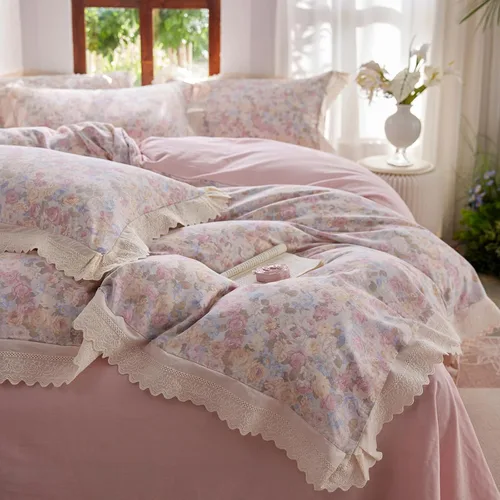 Vista 41 de Funda de edredón de flores rosadas, tamaño individual, elegante, con volantes, funda de edredón de encaje de algodón, juego de ropa de cama floral