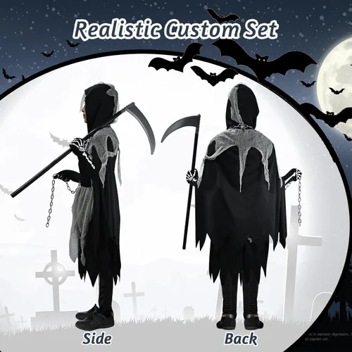 Vista 3 de GOLDGE Scary Girl Grim Reaper Costume Set with Gloves and Tights for Dress Up Party - Perfect for Halloween