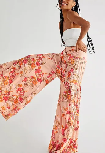 Vista 5 de Timemory Pantalones palazzo de pierna ancha para mujer holgados casuales para playa bohemio estampado floral pantalones bohemios con cinturón