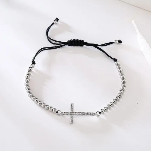 Vista 2 de Pulsera trenzada hecha a mano con cuentas de cobre de color oro y plata de la CZ de la cuerda negra ajustable