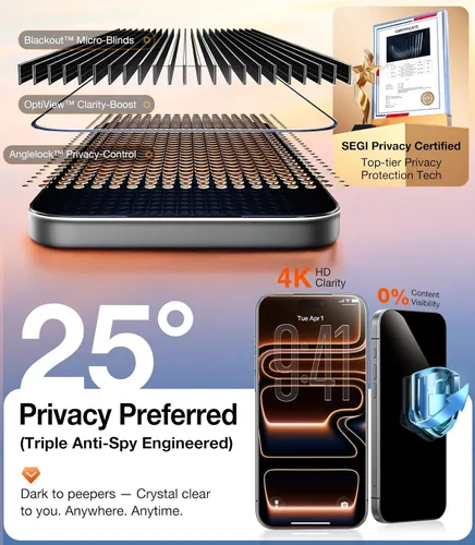 Vista 4 de UltraGlass Protector de pantalla de privacidad de vidrio 9H+ para iPhone 15 Pro Max [armadura de privacidad invisible], protector de pantalla S24