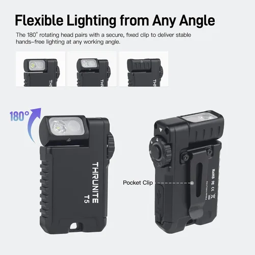 Vista 3 de ThruNite Mini linterna EDC T5, luz de bolsillo magnética recargable con Negro CW
