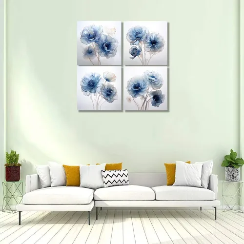 Vista 72 de Wall HDQ Arte de pared de flores para baño, dormitorio, sala de estar, decoración de pared azul y naranja, pintura floral, lienzo impreso, imagen