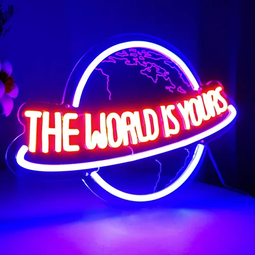 Vista 9 de Letrero de neón The World Is Yours, regulador remoto, planeta, lámpara de luz de neón LED para decoración de pared, alimentación USB para hombre