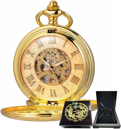 Vista 16 de Relojes mecánicos de bolsillo con números romanos con esfera y cadena para hombre y mujer