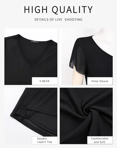 Vista 3 de VALOLIA Camisetas de manga corta para mujer, estilo casual, cuello en V, doble capa, túnicas de malla