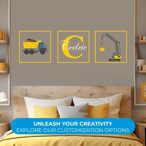 Vista 2 de Calcomanía de pared personalizada con nombre e inicial de constructor Truck I Nursery para decoración de habitación, decoración de pared