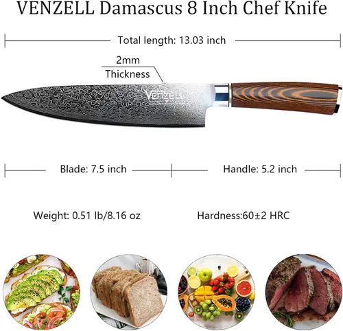 Vista 2 de VENZELL Cuchillo de chef hecho a mano de 8 pulgadas, cuchillo de acero inoxidable de Damasco de 67 capas, cuchillo de corte profesional HRC60±2