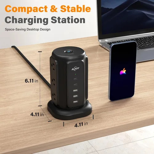 Vista 7 de AiJoy Power Strip Tower con 9 salidas de CA y estación de carga de 5 puertos USB 1200J Surge Protector, 6.5 Feet Extension Cord with Multiple