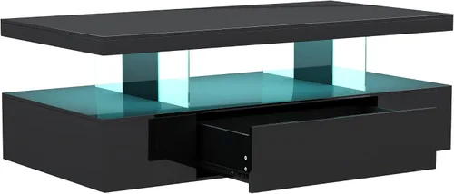 Vista 8 de ChooChoo Mesa de centro LED moderna, mesa central de alto brillo con cajón, mesa de centro negra con almacenamiento para sala de estar, dormitorio