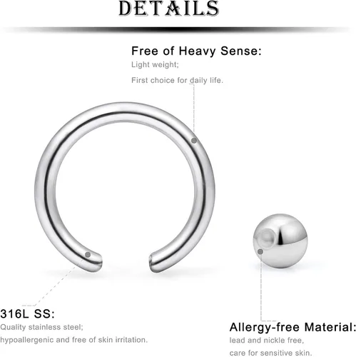 Vista 3 de Kridzisw 24 anillos de acero quirúrgico de 12 G con cuentas cautivas para la nariz tabique ceja labio pezón lengua ombligo joyería para mujeres